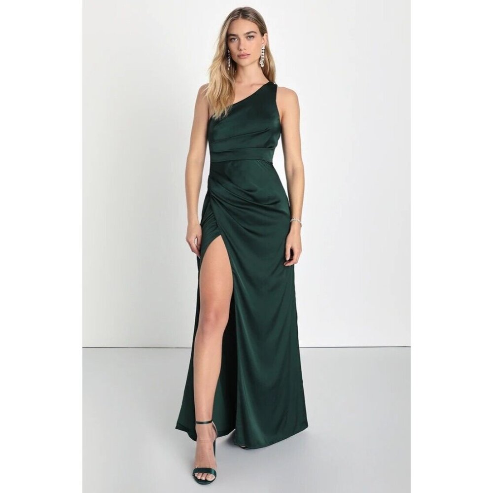 Lulu's Dreaming of Elegance Emerald Satin One Shoulder Maxi Dress L